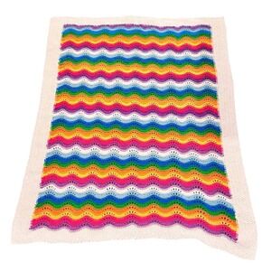 Rainbow Crochet Wave Afghan Throw Blanket Granny Ripple Boho Vintage Style